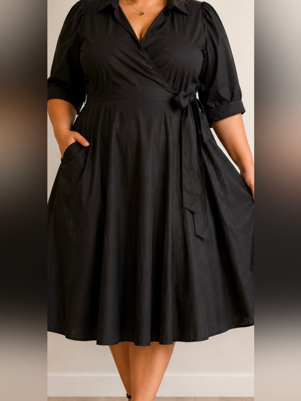 City Chic Black Wrap Dress 22 Plus Size Fit & Flare Puff Sleeve Pockets - Picture 1 of 11